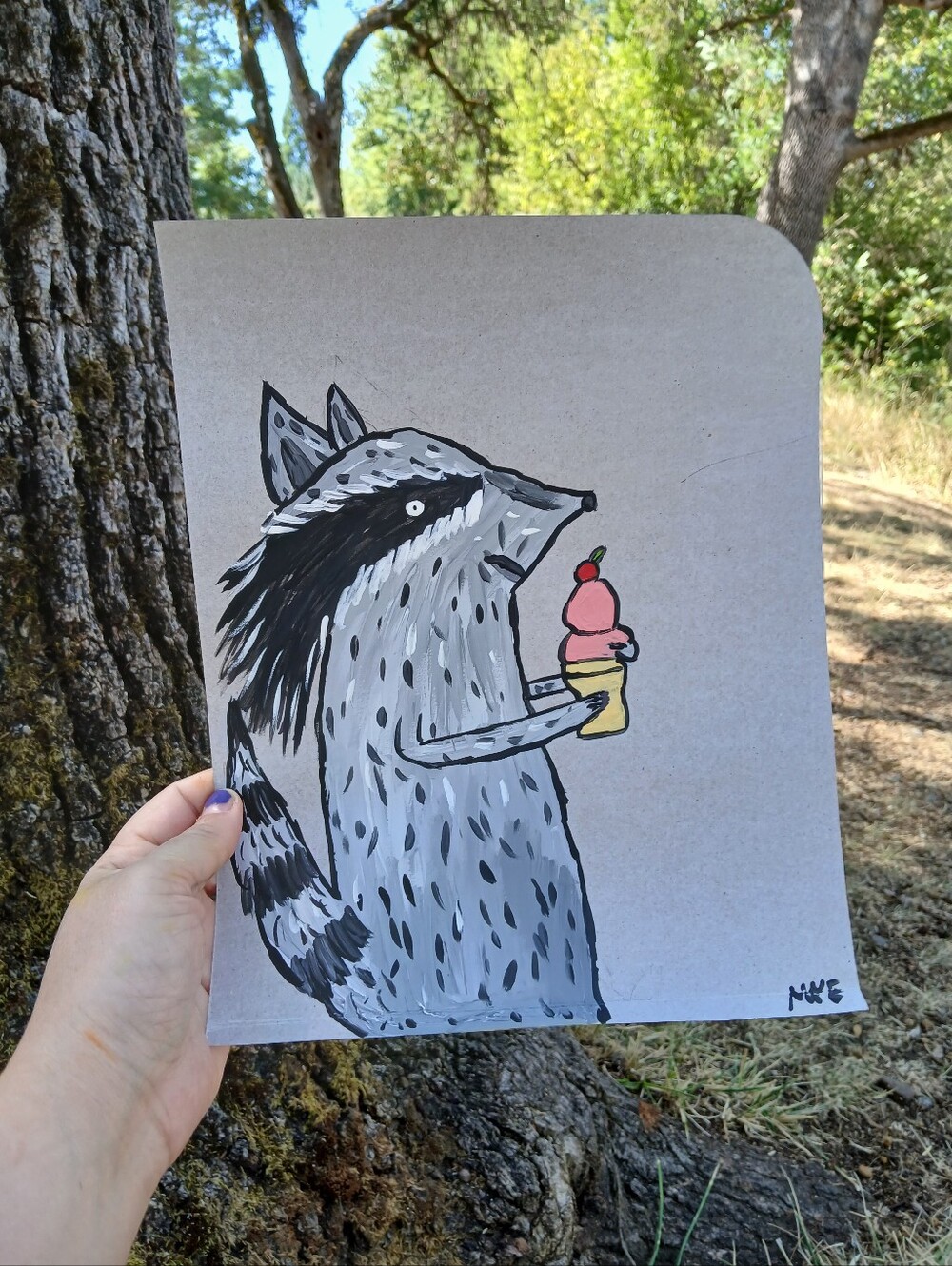Raccon Eating Ice Cream Painting On Cardboard